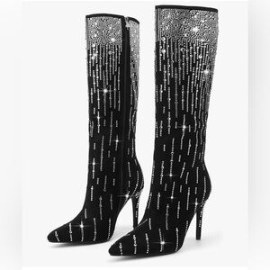 NWT- Knee High Black Sparkly
Suede Long High Heel Boot Pointed
Toe Tall Stiletto